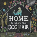 Chalkboard-style magnet featuring a house outline with a colorful dog inside. The text reads 'HOME is where the DOG HAIR is'. Surrounded by vibrant illustrations of a sun, butterflies, flowers, trees, a bird, and a rabbit, all on a dark background. Perfect for dog lovers and funny home decor.