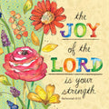 Colorful watercolor magnet with red, pink, and yellow flowers, featuring the scripture 'the JOY of the LORD is your strength. Nehemiah 8:10' on a patterned background.