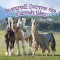 Inspirational magnet featuring two horses and a llama in a scenic field under a blue sky, with the quote 'Be yourself. Everyone else is already taken.' by Oscar Wilde.