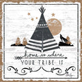 Rustic 'Home Is Where Your Tribe Is' magnet featuring a black teepee, howling wolf silhouette, moon, and stars on a distressed white wood background. Ideal for boho or lodge home decor.