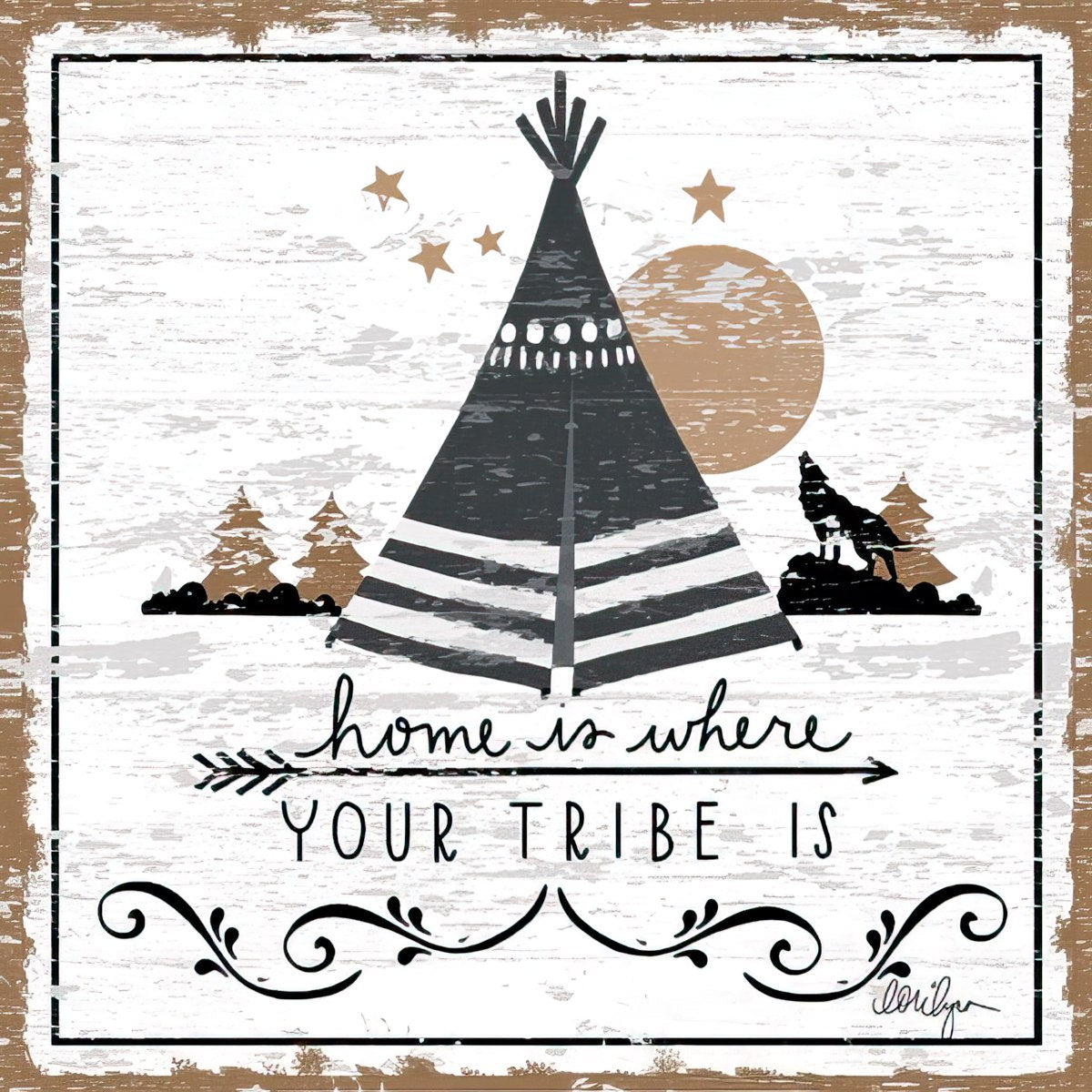 Rustic 'Home Is Where Your Tribe Is' magnet featuring a black teepee, howling wolf silhouette, moon, and stars on a distressed white wood background. Ideal for boho or lodge home decor.