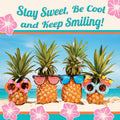 Vibrant beach-themed magnet featuring four pineapples wearing assorted funny sunglasses on a sandy shore, framed by tropical hibiscus flowers. The magnet displays the encouraging text 'Stay Sweet, Be Cool and Keep Smiling!' in a playful font, perfect for adding a touch of lighthearted summer positivity to any magnetic surface.