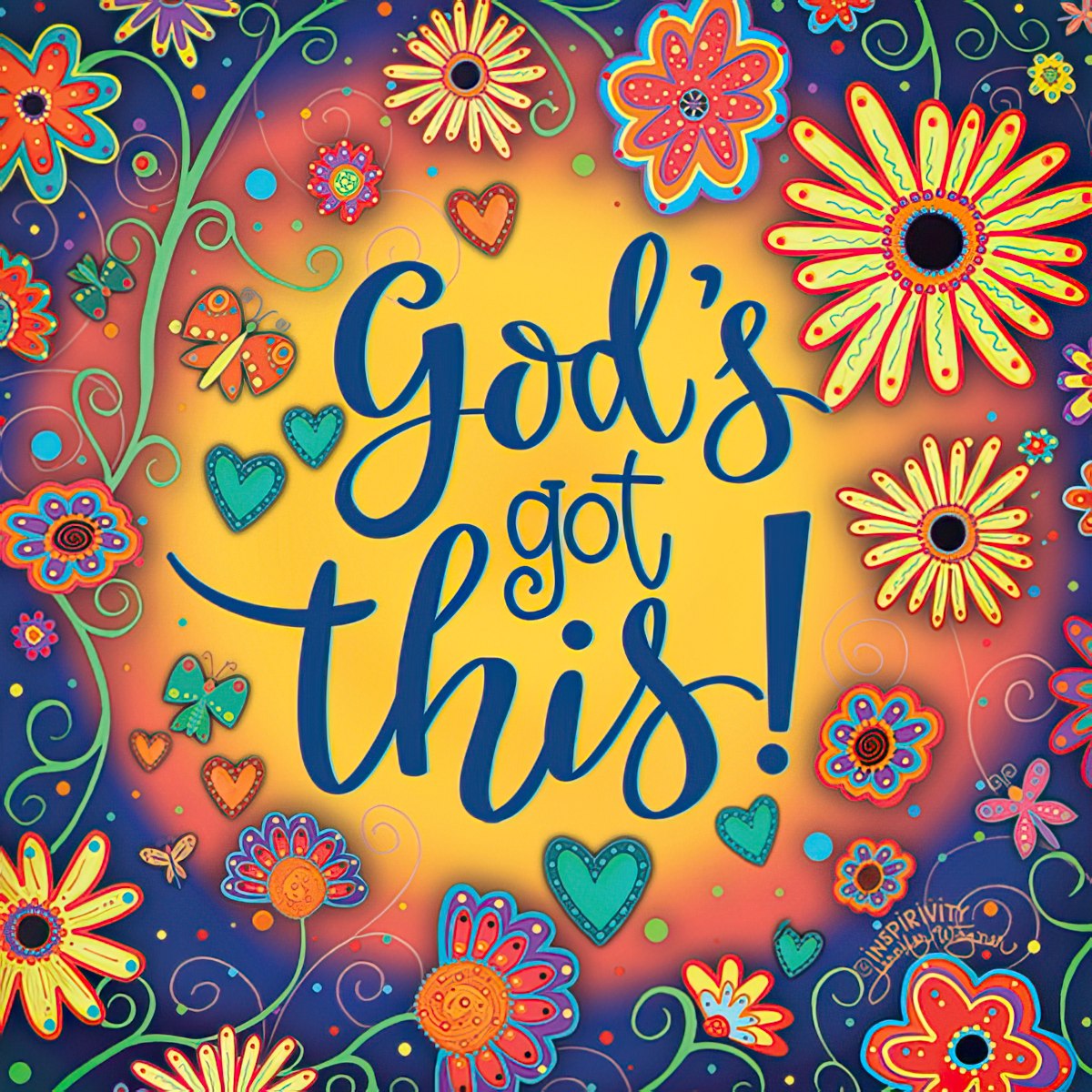 Vibrant and colorful magnet featuring the uplifting message "God's Got This!" in bold blue script on a sunny yellow-orange gradient background. The central text is surrounded by an intricate border of whimsical flowers, hearts, and butterflies in shades of red, orange, yellow, green, and turquoise against a deep blue, vine-patterned backdrop.