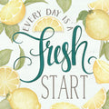 Inspirational lemon magnet with 'Every Day Is A Fresh Start' quote, watercolor illustration of whole lemons and slices with green leaves on a white wooden background, perfect for kitchen decor and positive daily reminders.