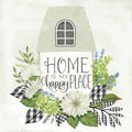 Farmhouse style refrigerator magnet featuring a stylized house silhouette, "HOME is my happy PLACE" text, white flowers, green leaves, lavender, and buffalo plaid accents, perfect for kitchen decor.