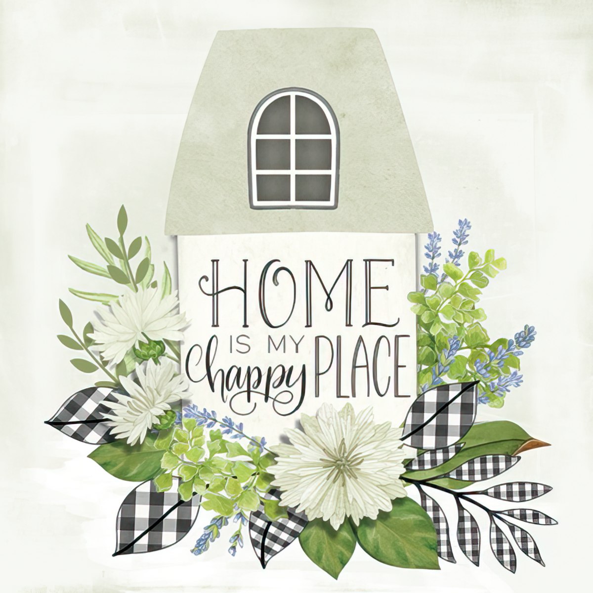 Farmhouse style refrigerator magnet featuring a stylized house silhouette, "HOME is my happy PLACE" text, white flowers, green leaves, lavender, and buffalo plaid accents, perfect for kitchen decor.