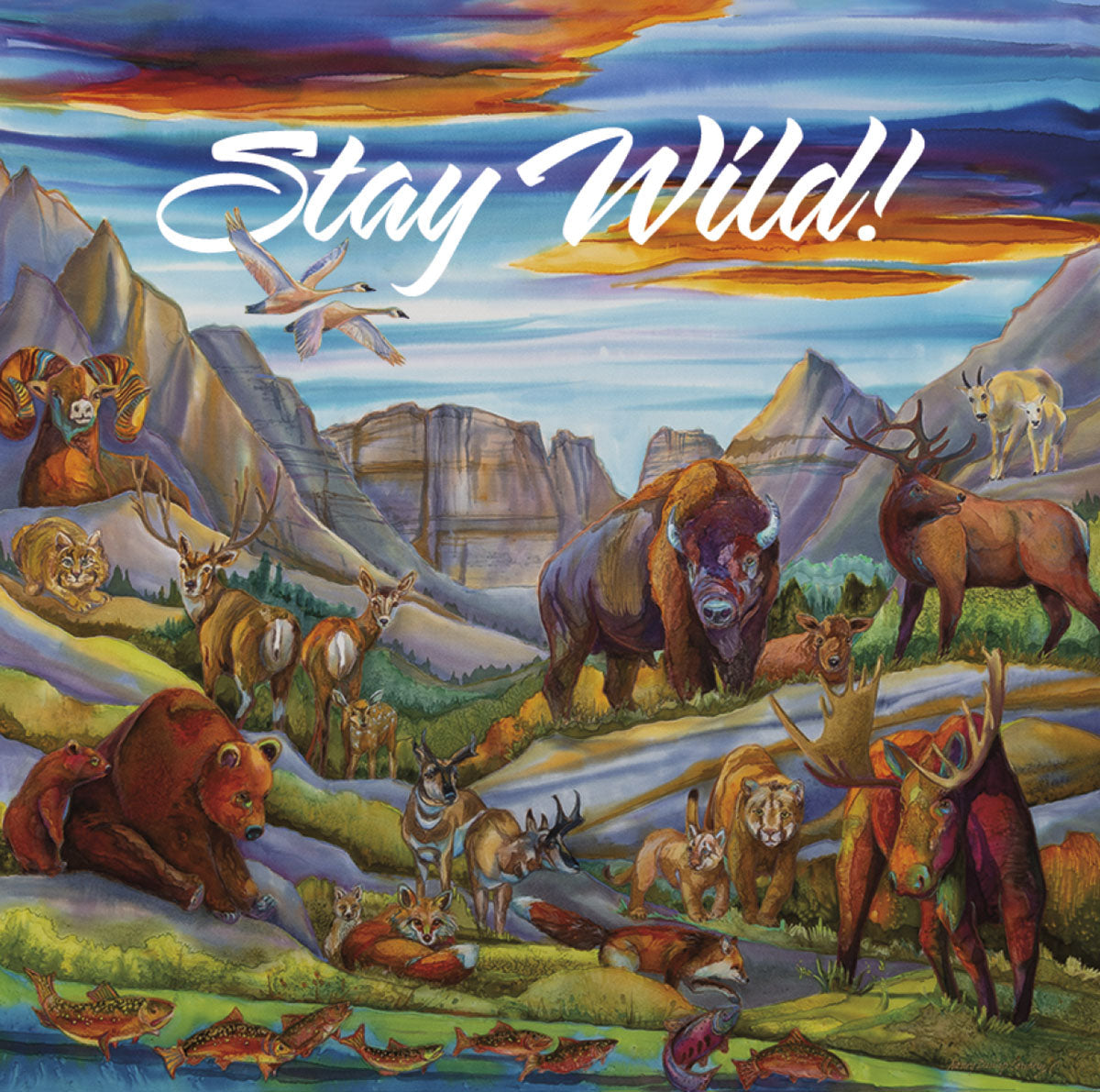 Vibrant watercolor magnet featuring North American wildlife including bears, bison, elk, moose, deer, and mountains under a sunset sky, with 'Stay Wild!' text, perfect for nature enthusiasts.