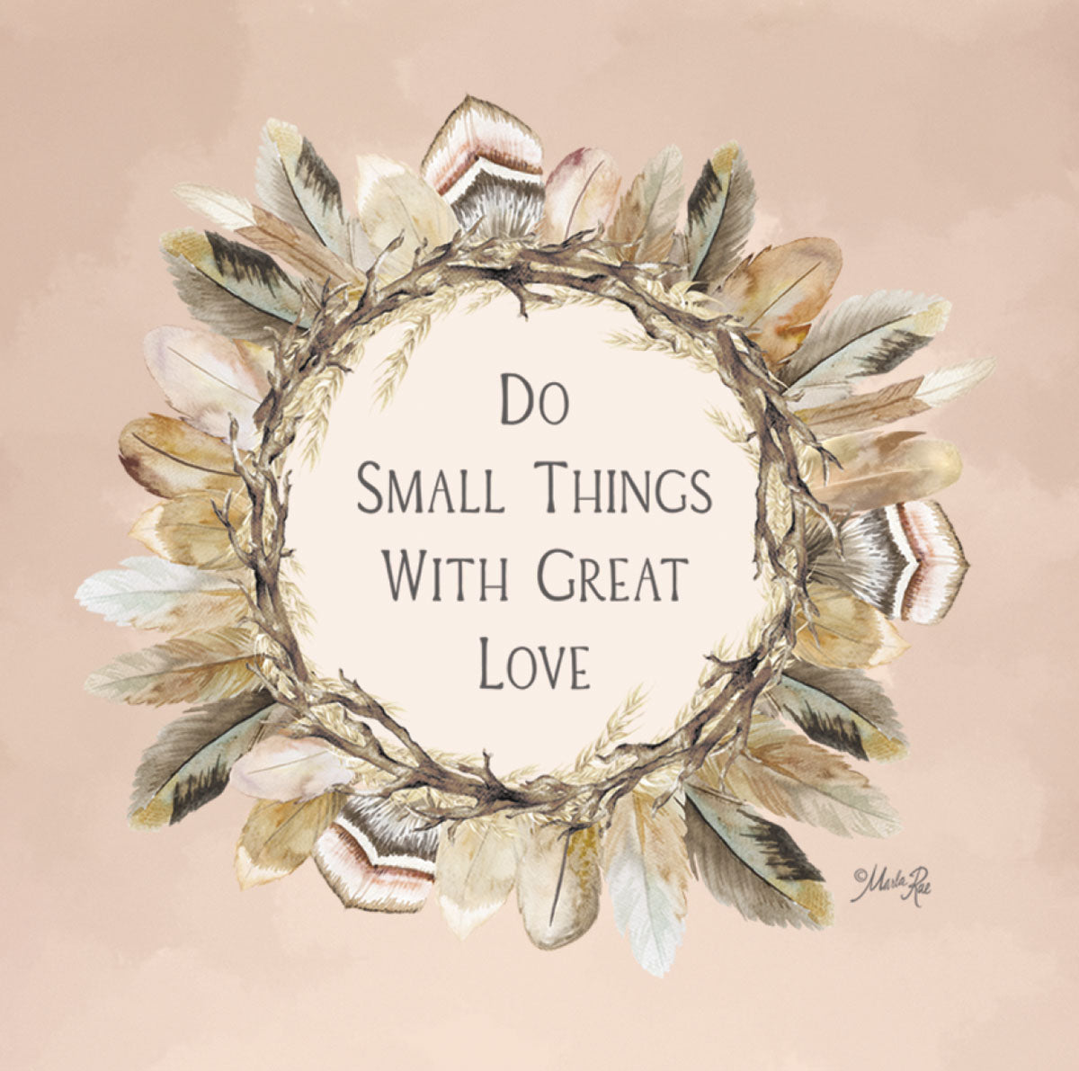 Bohemian watercolor feather wreath magnet with inspiring quote 'Do Small Things With Great Love' on a cream background, perfect for a fridge or locker.