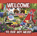 Humorous camping magnet with 'Welcome to Our Hot Mess!' text, featuring a deer, two bears, a fox, skunk, turtle, two raccoons, and a bluebird in a whimsical, messy campsite scene with a camper and a red tent.