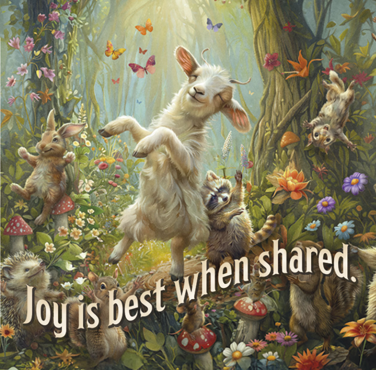 Whimsical forest scene magnet featuring a joyful dancing goat, cheerful bunny, playful raccoon, and other happy woodland animals surrounded by colorful flowers, butterflies, and mushrooms, with the inspiring text 'Joy is best when shared.'