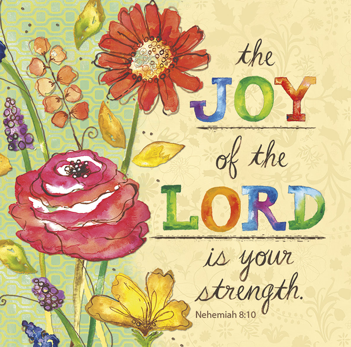 Vibrant watercolor floral magnet with Nehemiah 8:10 scripture 'The joy of the Lord is your strength' in colorful text on a yellow patterned background. Inspiring Christian decor.