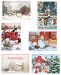 Greeting card assortment featuring festive winter farm scenes with snow-covered barns, playful animals like sheep, donkeys, pigs, dogs, cats, chickens, and snowmen, perfect for holiday greetings and warm wishes.