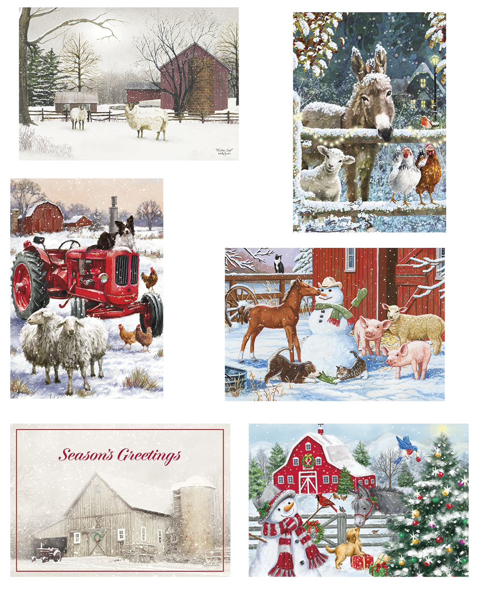 Greeting card assortment featuring festive winter farm scenes with snow-covered barns, playful animals like sheep, donkeys, pigs, dogs, cats, chickens, and snowmen, perfect for holiday greetings and warm wishes.