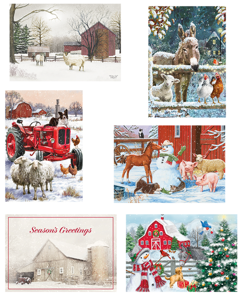Greeting card assortment featuring festive winter farm scenes with snow-covered barns, playful animals like sheep, donkeys, pigs, dogs, cats, chickens, and snowmen, perfect for holiday greetings and warm wishes.