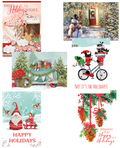 Assortment of vibrant holiday greeting card designs featuring festive scenes like a snowman, dogs in a decorated truck, cats on a bicycle with gifts, a cheerful gnome, and winter treats, perfect for sharing seasonal cheer.
