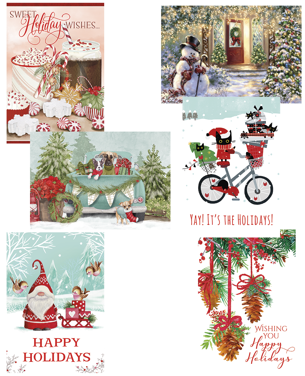 Assortment of vibrant holiday greeting card designs featuring festive scenes like a snowman, dogs in a decorated truck, cats on a bicycle with gifts, a cheerful gnome, and winter treats, perfect for sharing seasonal cheer.