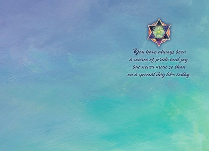 Inside of a Bar Mitzvah greeting card with a small Star of David and 'You have always been a source of pride and joy' message.