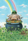Front of a St. Patrick's Day greeting card by Gary Patterson, featuring a whimsical tabby cat wearing a green leprechaun hat, lying on its back in a pot overflowing with gold coins and dollar bills. A vibrant rainbow arches in the sky above a field of green clover and wildflowers under a sunny blue sky.