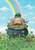 Front of a St. Patrick's Day greeting card by Gary Patterson, featuring a whimsical tabby cat wearing a green leprechaun hat, lying on its back in a pot overflowing with gold coins and dollar bills. A vibrant rainbow arches in the sky above a field of green clover and wildflowers under a sunny blue sky.