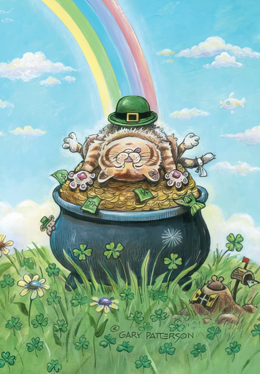 Front of a St. Patrick's Day greeting card by Gary Patterson, featuring a whimsical tabby cat wearing a green leprechaun hat, lying on its back in a pot overflowing with gold coins and dollar bills. A vibrant rainbow arches in the sky above a field of green clover and wildflowers under a sunny blue sky.