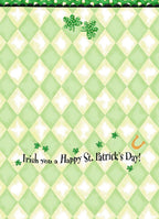 Inside of a cheerful St. Patrick's Day card featuring a light green diamond pattern, scattered shamrocks, a golden horseshoe, and the playful message 'Irish you a Happy St. Patrick's Day!'