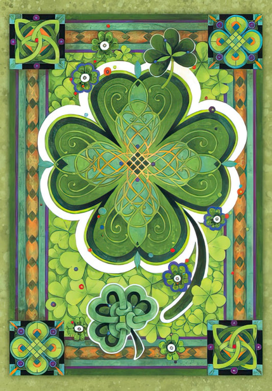Celtic knot four-leaf clover St. Patrick's Day greeting card front with intricate green and gold design on a background of clovers