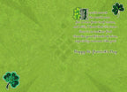 Inside of a St. Patrick's Day card with a heartfelt message about lucky friendship, set against a subtle green clover pattern background with a decorative shamrock accent.