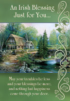 Front of St. Patrick's Day greeting card featuring a picturesque Irish thatched cottage by a stream, surrounded by green trees, with Celtic knotwork and the message 'An Irish Blessing Just for You... May your troubles be less and your blessings be more, and nothing but happiness come through your door.'