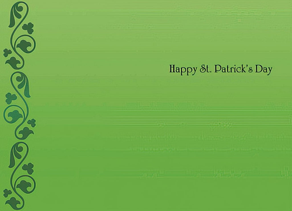 Inside of a St. Patrick's Day greeting card showing a vibrant green background with a Celtic border on the left and the message 'Happy St. Patrick's Day' in elegant script.