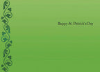 Inside of a St. Patrick's Day greeting card showing a vibrant green background with a Celtic border on the left and the message 'Happy St. Patrick's Day' in elegant script.