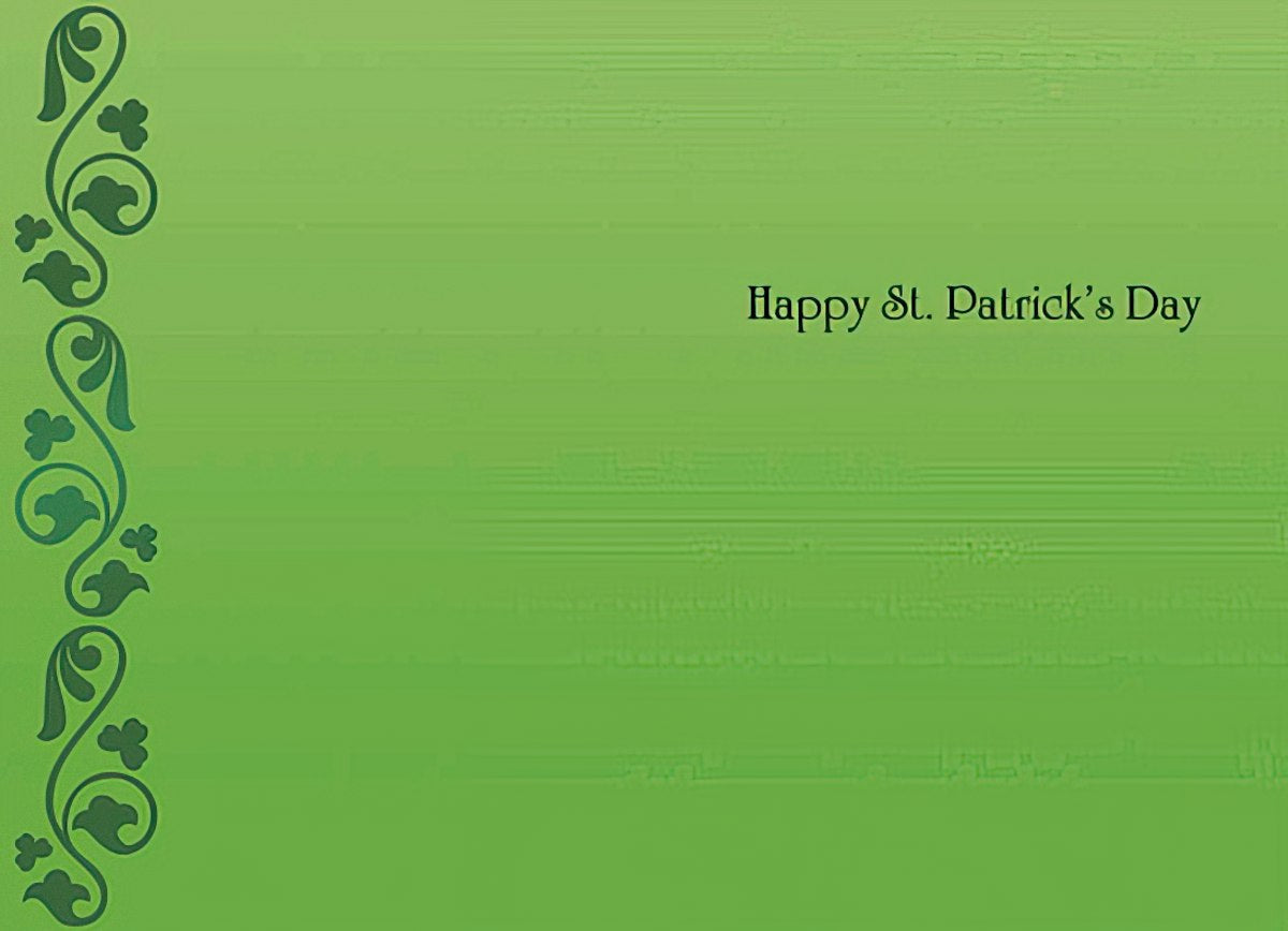 Inside of a St. Patrick's Day greeting card showing a vibrant green background with a Celtic border on the left and the message 'Happy St. Patrick's Day' in elegant script.