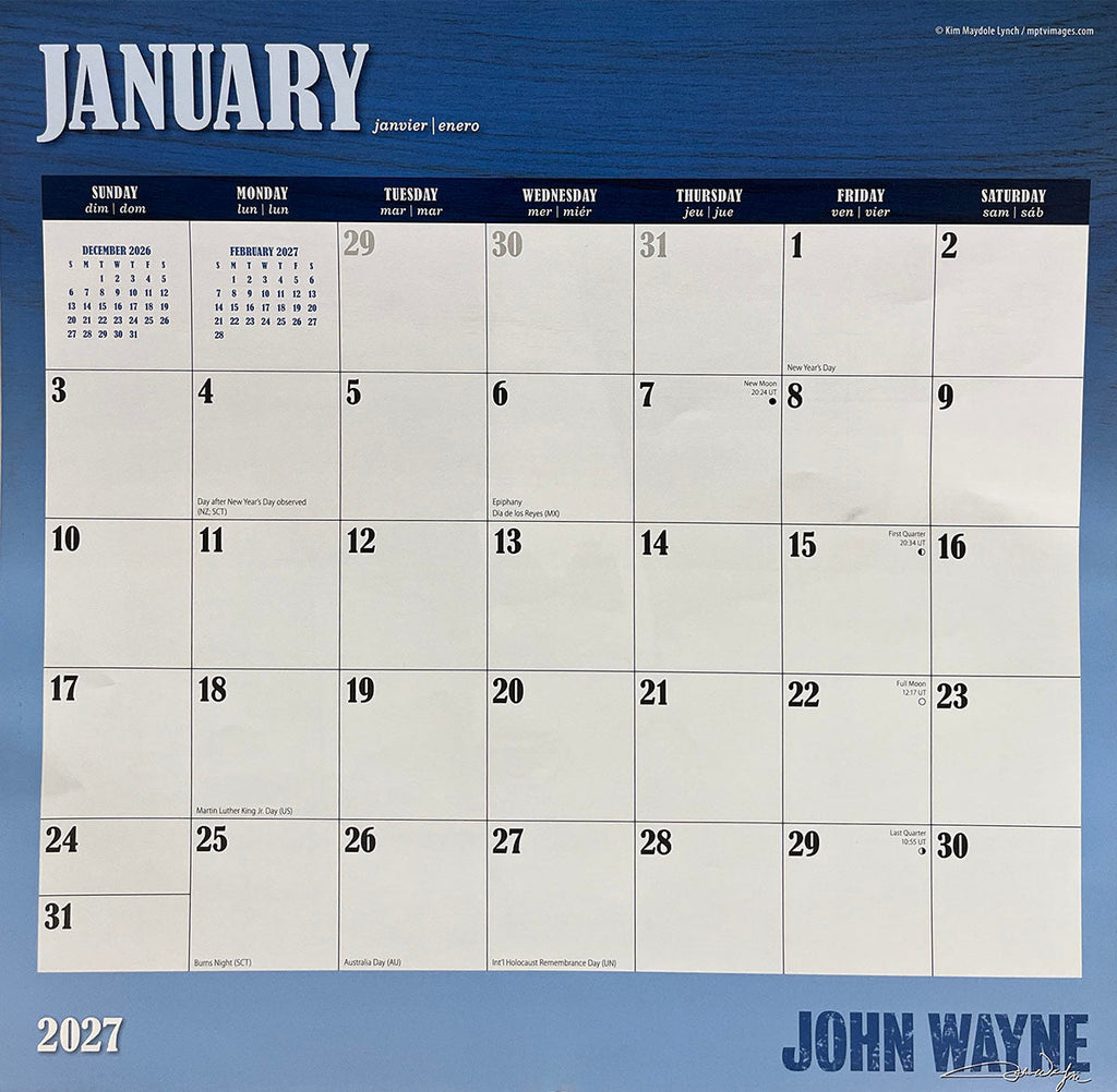A detailed view of the January 2027 calendar page featuring the John Wayne logo and daily grids, showcasing readability.