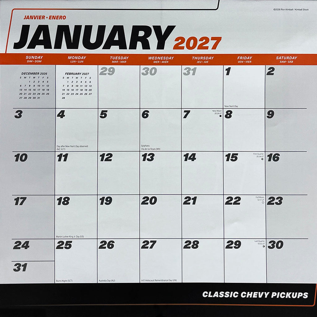 Close-up of the 'January 2027' calendar grid from the Classic Chevy Pickups Wall Calendar, showing dates, holidays, and space for notes, highlighting its functional layout.