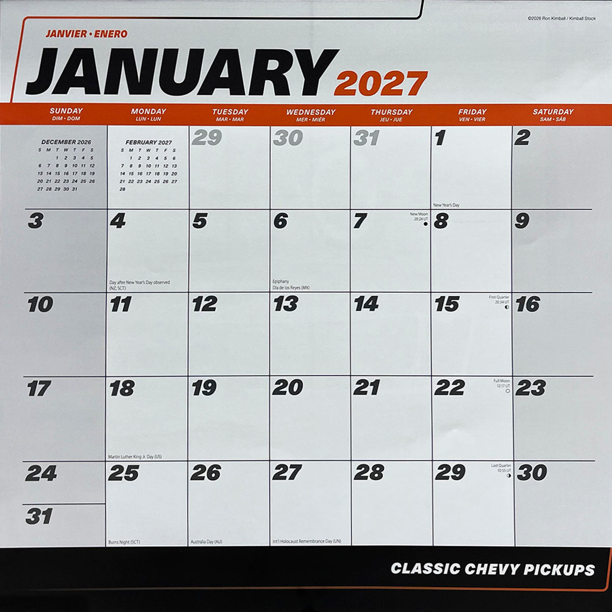 Close-up of the 'January 2027' calendar grid from the Classic Chevy Pickups Wall Calendar, showing dates, holidays, and space for notes, highlighting its functional layout.
