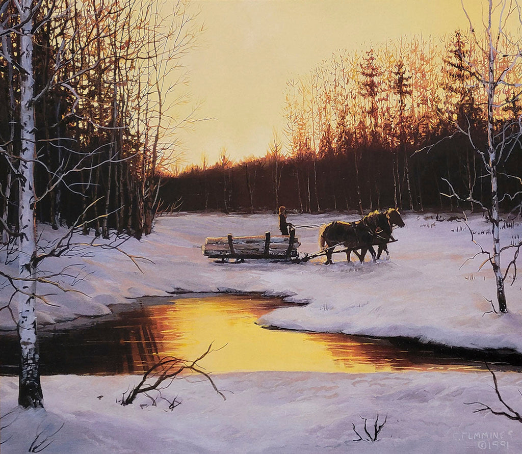 Rustic winter scene painting of two draft horses pulling a log sled across a snowy landscape beside a gleaming stream at sunset.