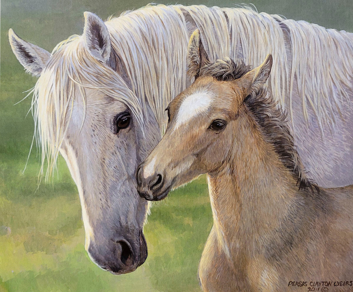 Close-up painting of a gentle white mare nuzzling her light brown foal, depicting a tender mother-child bond.