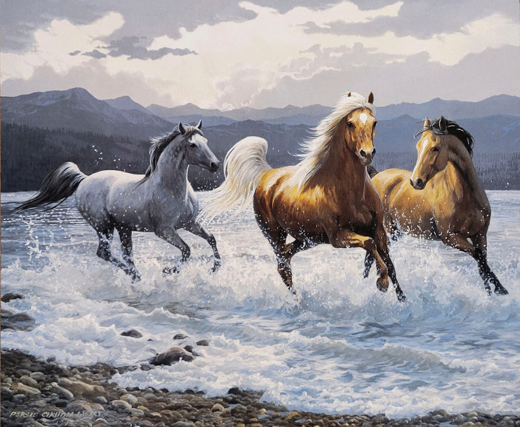 Dynamic painting of three wild horses, two brown and one gray, galloping through shallow water creating splashes against a mountainous backdrop.