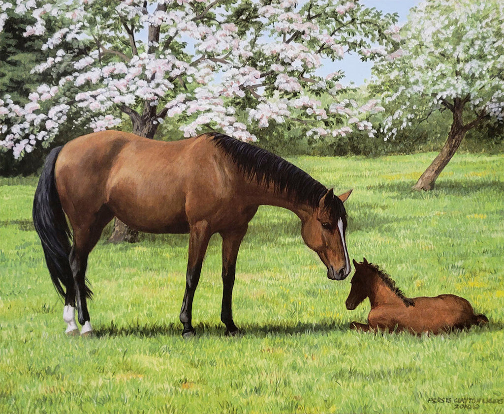 Serene springtime painting of a brown mare standing over her reclining foal in a lush green meadow under blooming white trees.