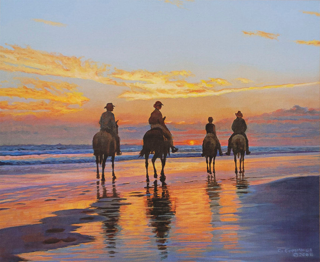 Scenic painting of four riders on horseback silhouetted against a vibrant orange and yellow sunset on a reflective beach.