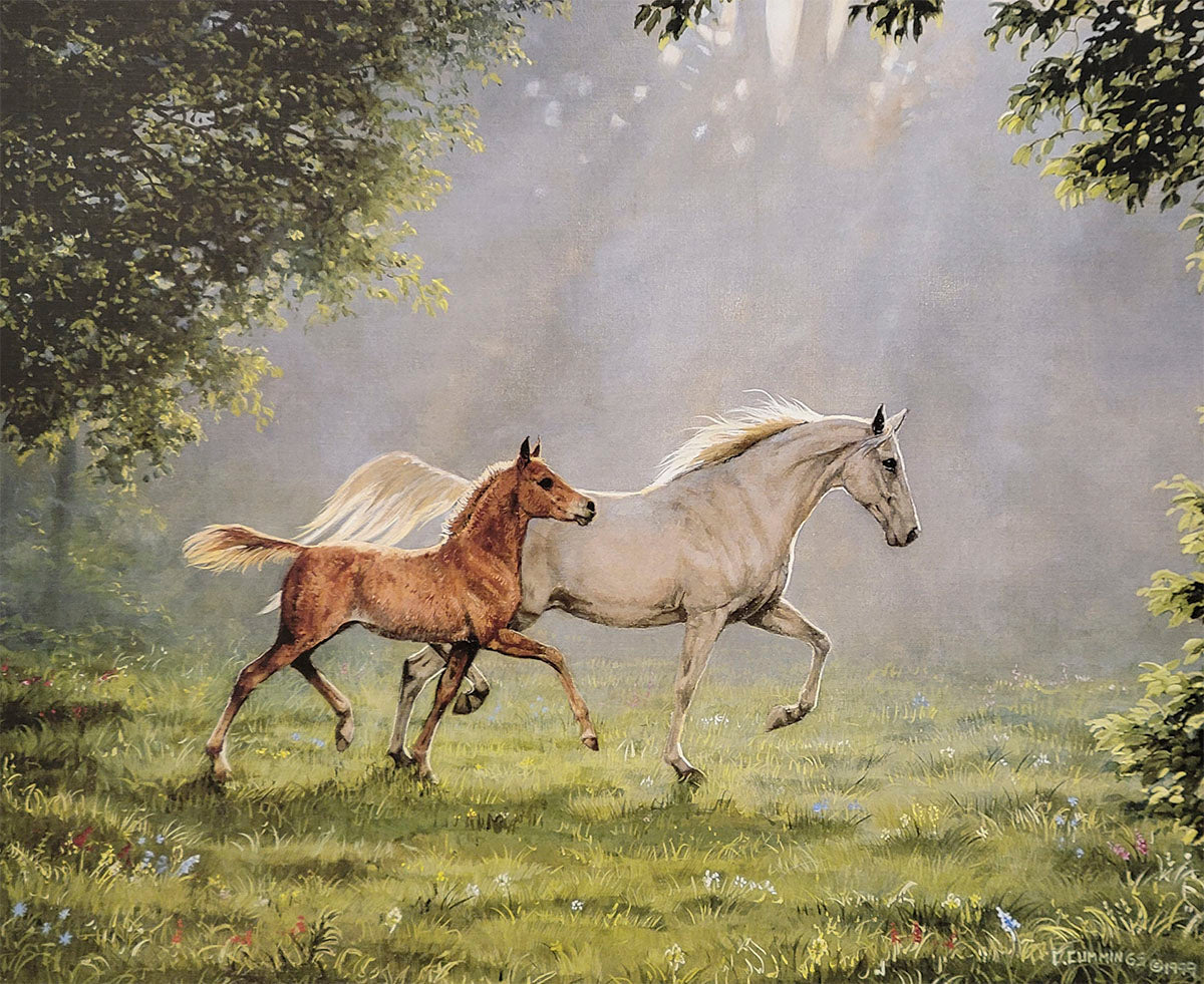 Ethereal painting of a white mare and a light brown foal running through a misty, sun-dappled forest clearing.