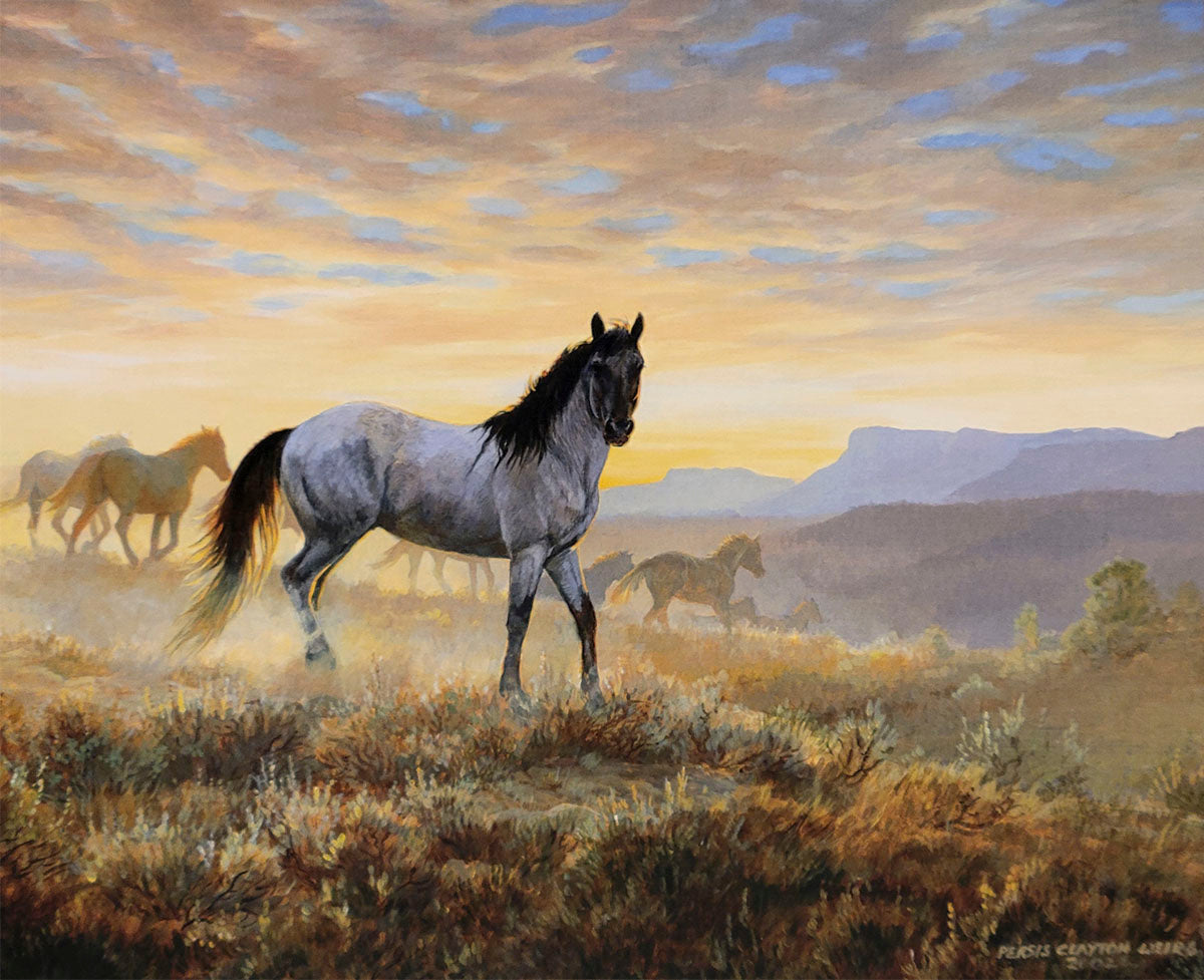 Striking painting of a majestic gray horse standing in a dusty field at sunset with a herd of horses and mountains in the background.