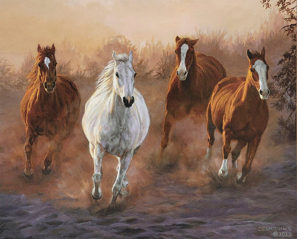 Captivating painting of four horses, one white and three brown, running directly towards the viewer in a dusty, sunlit natural setting.
