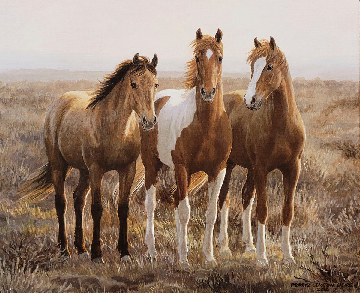 Peaceful painting of three horses, two brown and one pinto, standing calmly in a dry, grassy field with a misty horizon, similar to the Horses in the Mist cover art.