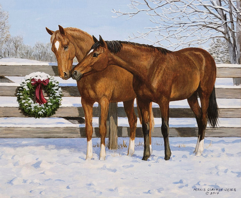 Festive winter painting featuring two brown horses standing by a rustic wooden fence adorned with a Christmas wreath in a snowy landscape.