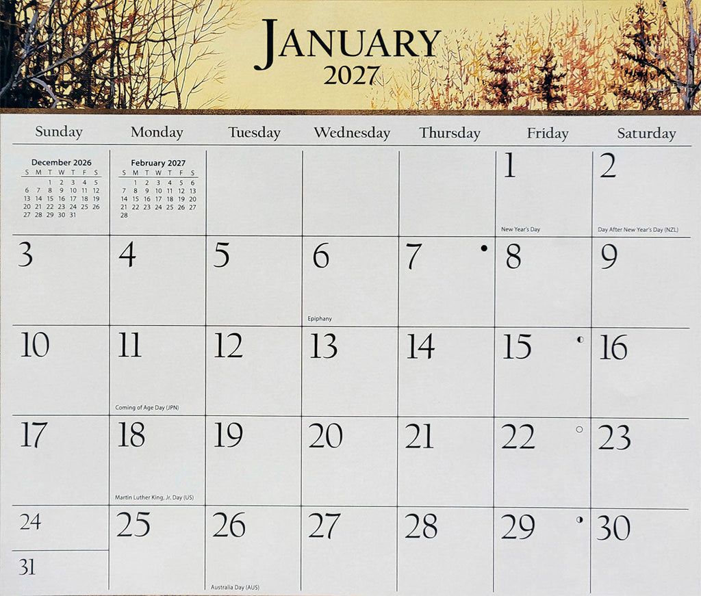 Detailed close-up of the January 2027 calendar grid showing dates, holidays, and small previous/next month calendars, with a forest background.