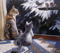 Two adult cats, one calico and one tabby, looking intently out a snowy window at three small birds perched on a frosted branch, illustrating a charming winter scene.