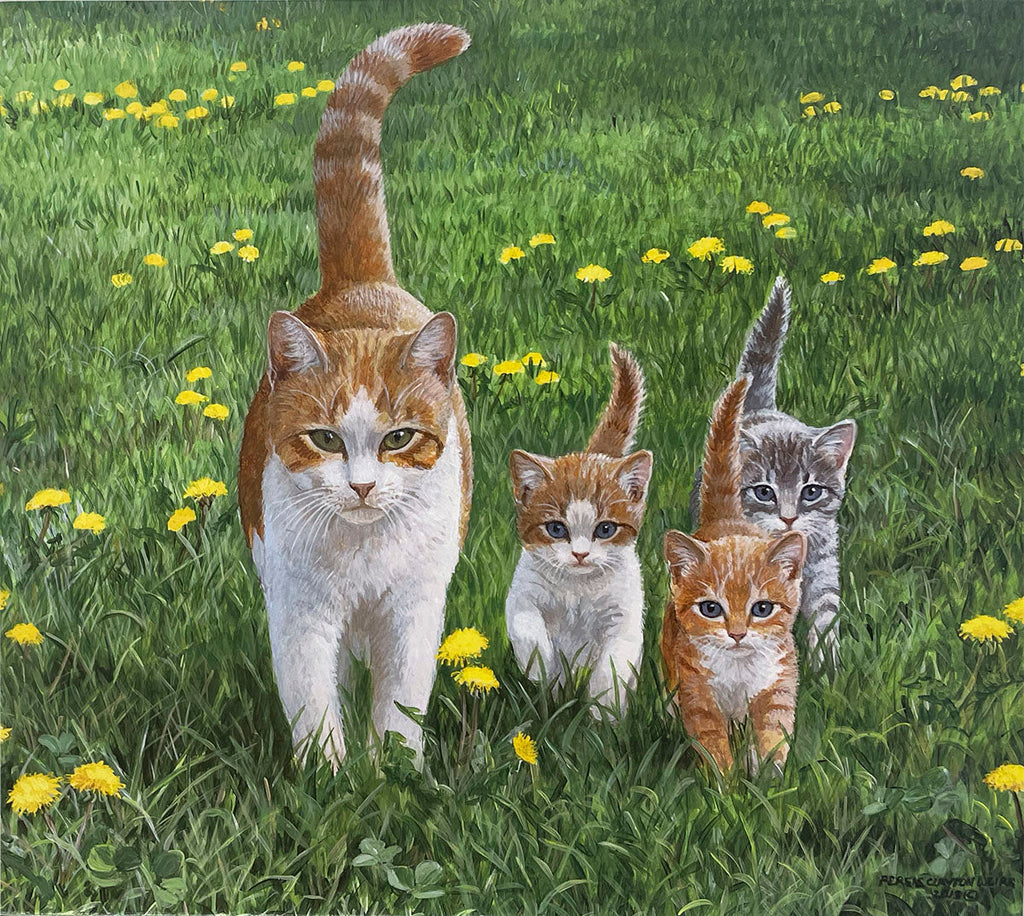 An orange and white mother cat leading three adorable kittens (two orange, one grey tabby) through a vibrant green field filled with yellow dandelions.