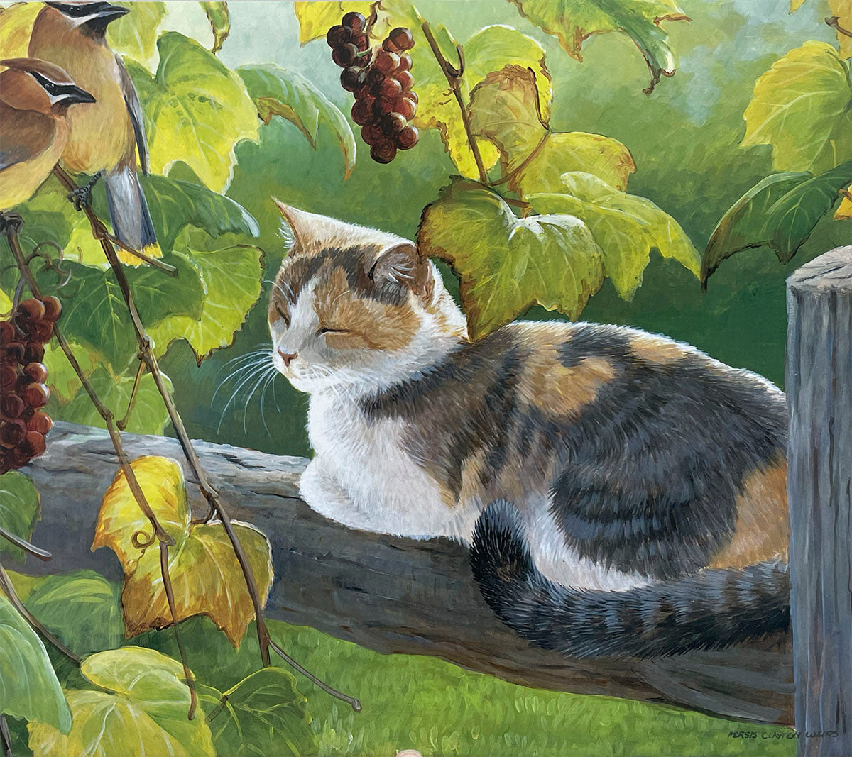 A peaceful calico cat sleeping soundly on a thick wooden branch amidst lush green grapevines with red grapes, and a small bird perched nearby.