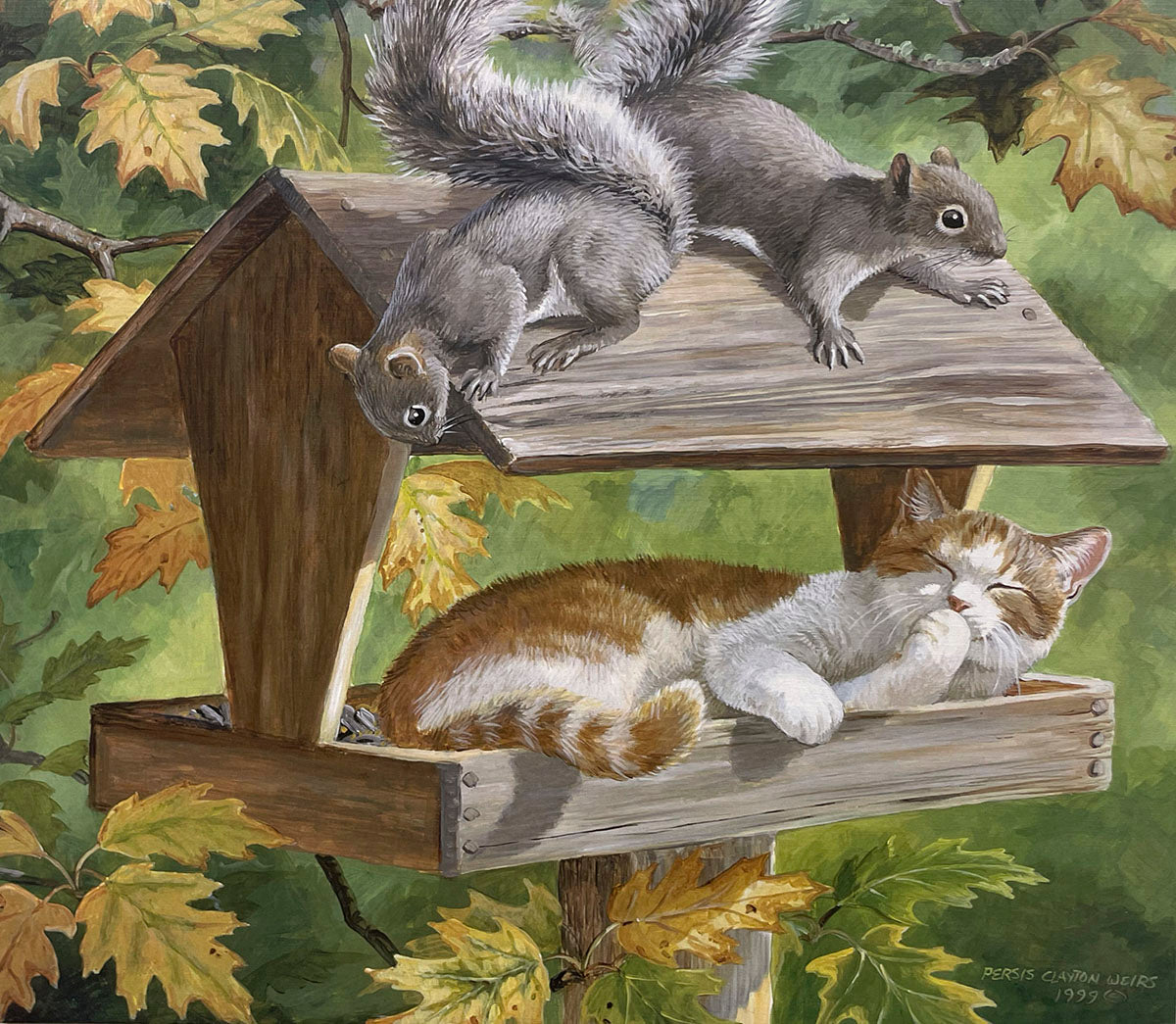 An orange and white cat comfortably napping inside a wooden bird feeder, while two curious grey squirrels investigate from the feeder's roof amongst autumn leaves.