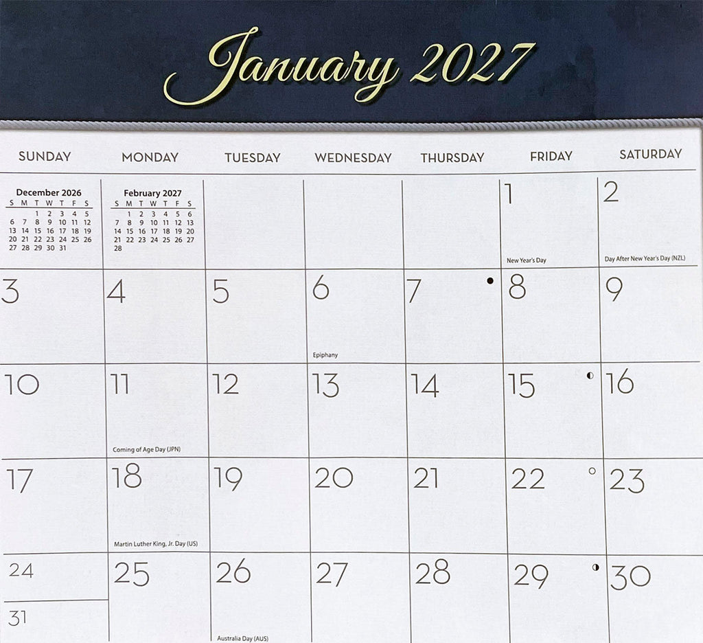 A clear close-up image of a 2027 calendar page for January, showing daily grids, New Year's Day, Martin Luther King Jr. Day, and other major holidays with previous and next month mini-calendars.